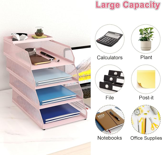 Natwind 4-Tier Stackable Metal Mesh Desk Paper Tray Organizer,Pink | Desktop Accessories for Office Supplies, Letter Tray For Paper Storage ,File Document Holder For Home School Classroom - Image 7