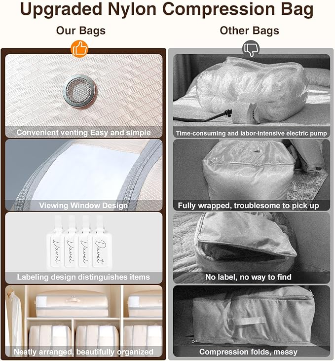 4 Pack Compression Storage Bags - 110L Large Capacity Comforter Storage Bag, 3-Layer Washable Ultra Space Saving Self Compression Organizer Space Bags for Blankets, Sweaters, Sheets, Beige - Image 6