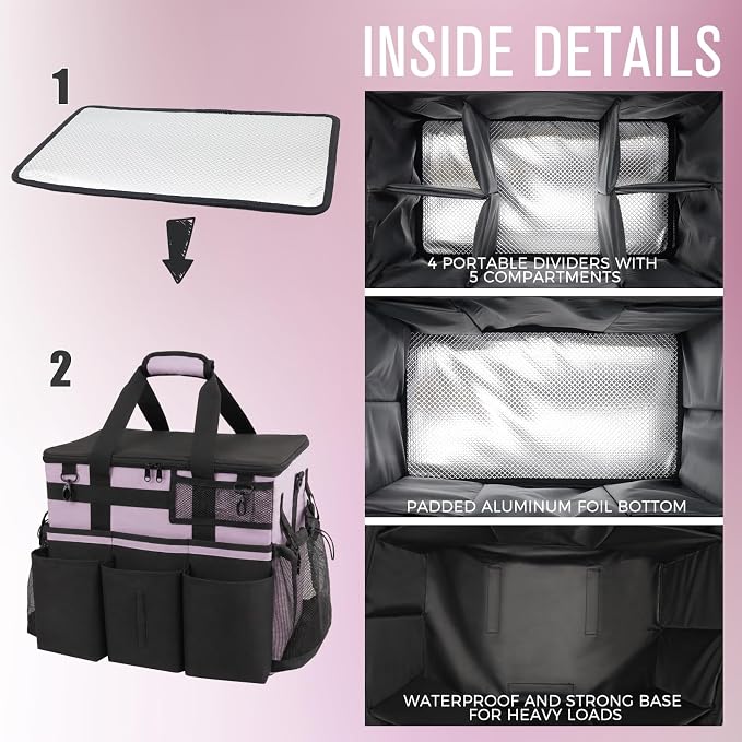SCAVATA Rolling Cleaning Caddy Bag with Detachable Trolley, Large Cleaning Supplies Organizer with Wheels, Multi-Pocket Cleaning Cart with Adjustable Shoulder Strap for Housekeepers (Lilac) - Image 4