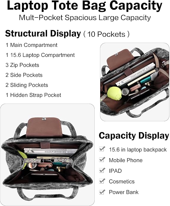 Large Laptop Tote Bag for Women Designer Leather Laptop Bag, 15.6in | Fashion Travel Backpack Purse Shoulder Handbag Fits 15.6 Laptop, Daily, Work, Business Trip, Weekend Travel, Teacher - Image 3