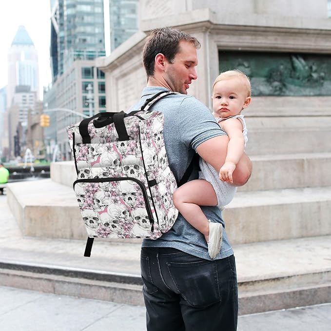 MNSRUU Diaper Bag Pink Floral Skull Diaper Bag Backpack Multifunction Travel Diaper Bag Tote Large Capacity Diaper Changing Backpacks for Moms Dads - Image 7