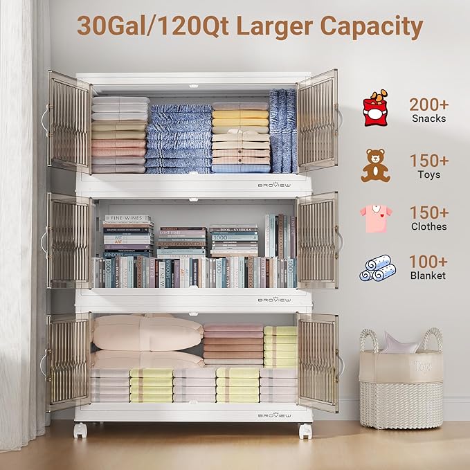 BROVIEW 600Qt Stackable Storage Bins with Lid, Extra Large Closet Organizer Collapsible Drawer Boxes with Wheels, Folding Plastic Cabinet Containers for Home Kitchen Room Organization, 5Pack White - Image 3