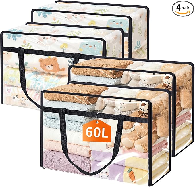 4 Pack Clear Clothes Storage Bags, 60L Vinyl Blanket Storage Containers with Heavy Duty Zipper, Foldable Moving Bags, Closet Organizers for Bedding, Clothing, Comforters, Linens, Duvet by PickyanDco