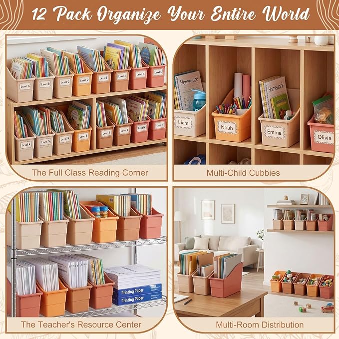 Blosssound 12 Set Book Bins for Classroom Stackable,Earth Tones | Plastic Baskets with Labels, Slanted Front, Library Supplies Organizers, Desktop Storage Bins, Teachers Home School Use - Image 5