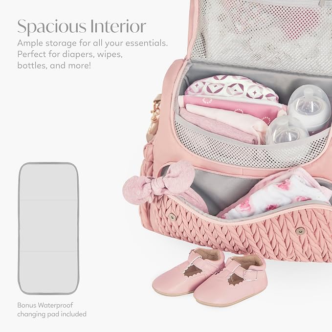Hannah & Sophia Belle Convertible Baby Diaper Backpack & Bag in Pink Polyester with Classic Style | Waterproof Changing Pad, Spacious, Multiple Pockets & Insulated Bottle Holders, Detachable Straps, Quilted Easy-Clean Fabric - Image 4