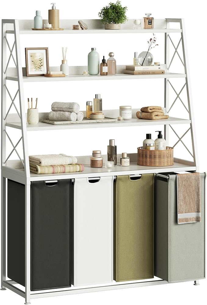 Herture Laundry Basket, 4 Section Laundry Hamper with 4 Tiers Shelf, Pull-Out and Removable Laundry Bags, Large 4 x 15.87 Gallons, for Laundry Room Bathroom White PF12XLE by Herture