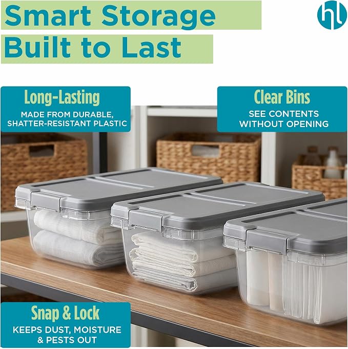 Home Logic 15 Qt Latched Storage Bin with Lid, Stackable Plastic Storage Container, Organizer for Home, Office & Classroom, 8 Pack, Gray - Image 3