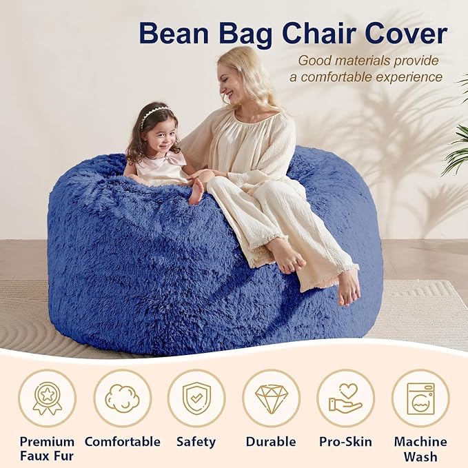 Bean Bag Cover (No Filler) - Faux Fur Beanbag Chairs Covers Only, Stuffed Animal Storage Bean Bag for Adults, Large Washable Beanbag Cover Without Filling, 5FT, Navy Blue - Image 4