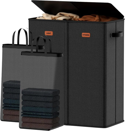 150L Double Laundry Hamper With Lid, Large Clothes Hampers with Removable Bag, Laundry Hamper 2 Section for Bathroom, Bedroom, Laundry Room, Dorm, Black by Vexalora
