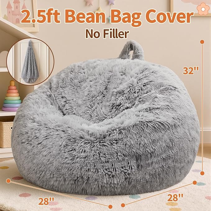 Stuffed Animal Storage Bean Bag Chair Cover, Soft Bean Bag Cover | Fluffy Faux Fur Stuffed Animal Storage Chair, Non-Slip Bottom, Fill with Plush Toys or Blankets, for Kids Teens Adults Girls - Image 2