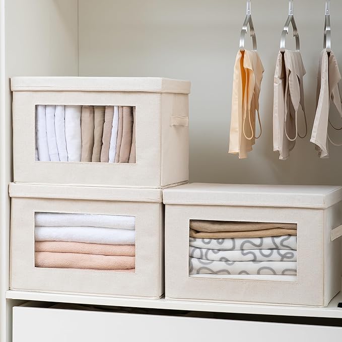 4-Pack 15" Fabric Storage Bins with Lids, Closet Organizers and Storage Boxes with Clear Window, Foldable Clothes Baskets for Blankets, Beige - Image 2