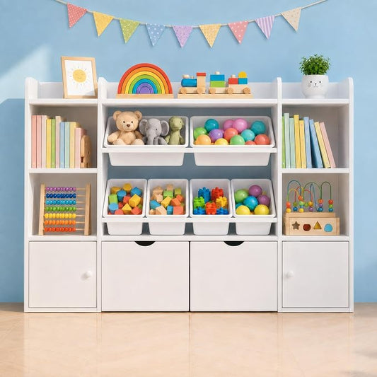 Xilingol Kids Toy Storage Organizer W/6 Removable Toy Bins, 4-Tier Toy Organizers W/6 Storage Cubbies and 2 Movable Drawers, Kid Bookshelf and Toy Storage for Playroom, Bedroom, Kids Room (White) by Xilingol