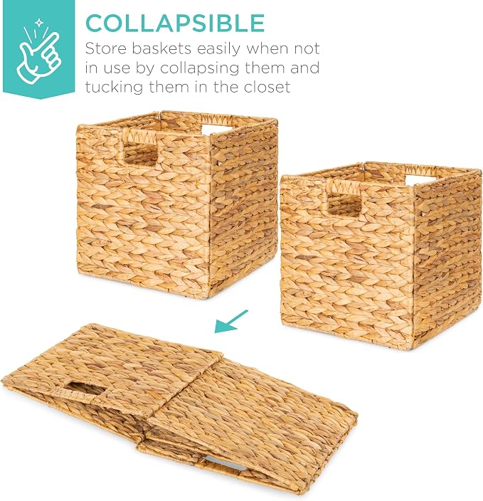 Best Choice Products 12x12in Hyacinth Baskets, Rustic Set Of 5 Multipurpose Collapsible Storage Organizer, Handwoven Laundry Totes for Bedroom, Living Room, Shelves w/Inserts - Natural - Image 3