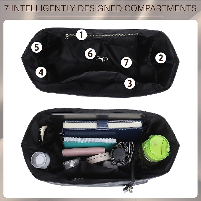 Purse Organizer Insert for Longchamp Le Pliage Medium, Black | 6-Compartment Bag Organizer with YKK Zipper Pocket, Cup Holder, Key Chain, Waterproof DupontPaper Lightweight Handbag Shaper - Image 4