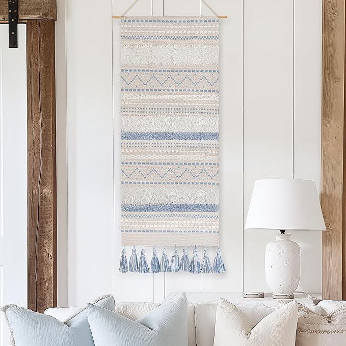 BlissBlush Long Vertical Wall Hanging Tapestry Coastal Blue Woven Boho Farmhouse Décor Tassel Handmade Wall Art Decoration for Bedroom Living Room Dorm Nursery Apartment, 16x39 INCH by BlissBlush