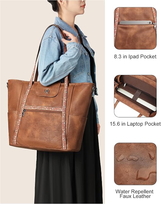 Large Laptop Tote Bag for Women Designer Leather Laptop Bag, 15.6in | Fashion Travel Backpack Purse Shoulder Handbag Fits 15.6 Laptop, Daily, Work, Business Trip, Weekend Travel, Teacher - Image 5