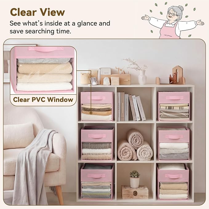 GRANNY SAYS 11 Inch Cube Storage Bins with Clear Window, Pink, 6-Pack | Collapsible, with Thickened Base Plate, Sturdy Handles, Decorative Baskets for Shelves, Closet, Organizing Toys, Clothes - Image 4