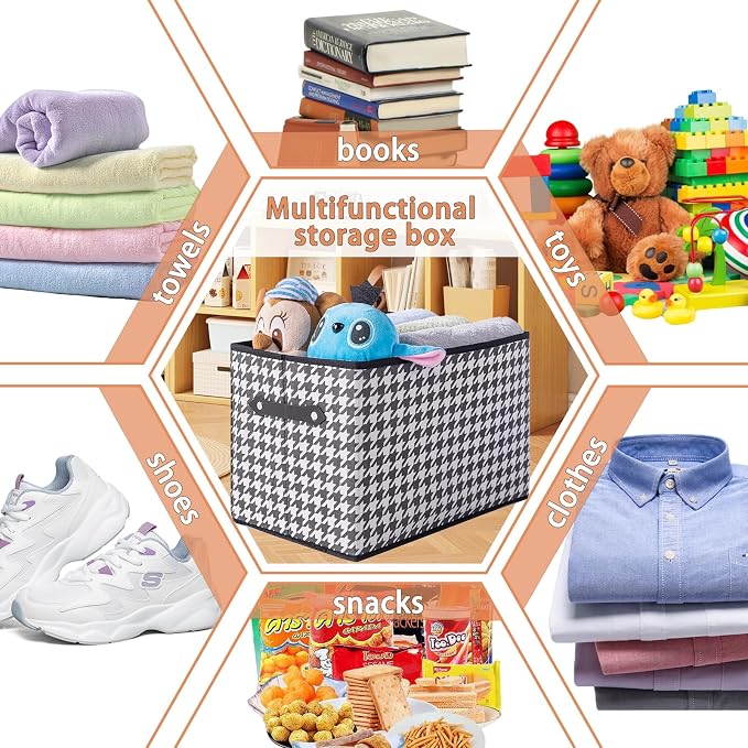 1 Pack Large Collapsible Storage Baskets for Shelves,14.9"x9.5" Fabric Closet storage Boxes with Leather Handles,Decorative Organizers Storage Bins for Clothes,Sheets,Toys,Books,(Houndstooth - Image 3