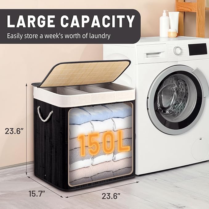 Aliphon 150L Laundry Hamper with lid, 3-Section Clothes Laundry Basket with Handles, Large Collapsible Bamboo Baskets for Bedroom, Bathroom, Dorm, Ink Black - Image 2