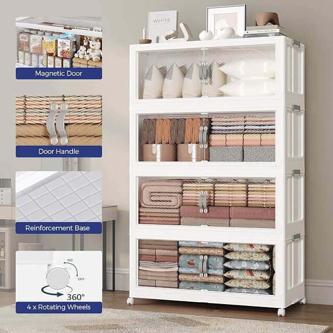 960QT Extra Large Stackable Storage Bins with Lid, 240Gal Plastic Closet Organizers and Storage Drawer, Collapsible Cabinet Box with Wheels Clear Doors for Home Kitchen Garage, 6Pack White - Image 6