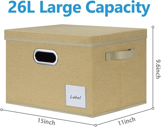 LHZK Large Storage Bins with Lids, Linen Fabric Storage Boxes with Lids for Organizing 15x11x9.6, Storage Baskets with Label & 3 Handles, Closet Storage Bins for Nursery Home Office (Beige, 3-Pack) - Image 3