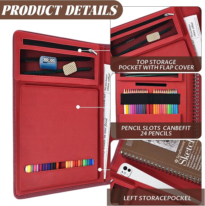 Red Leather Sketchbook Cover 9x12, Travel Drawing Portfolio | Portable sketch kit organizer, pencil holder, Fits 9x12 Sketch Book, Spiral Pad, Compact artist storage case - Image 5
