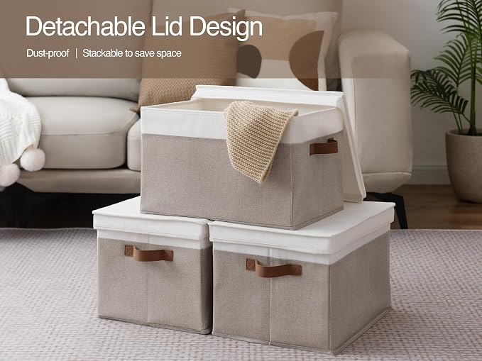 StorageWorks Fabric Storage Bins with Lids, Closet Storage Bins | Lidded Dust-proof, Easy Pull Handles, Foldable, Stackable, Ideal for Clothes Blanket Towel, Jumbo, Brown and White, 3-Pack - Image 5