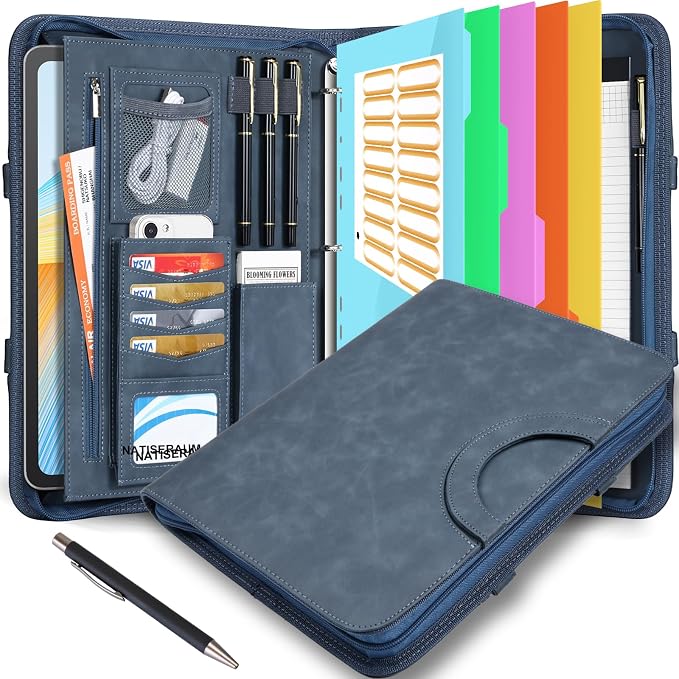 Portfolio Binder 3 Ring Includes Pen and 5 Dividers with 10 Pockets, Padfolio Organizer with Magnetic Handle for Men and Women, Includes A4 Notepad for Business, School, Work by NATISERAUM