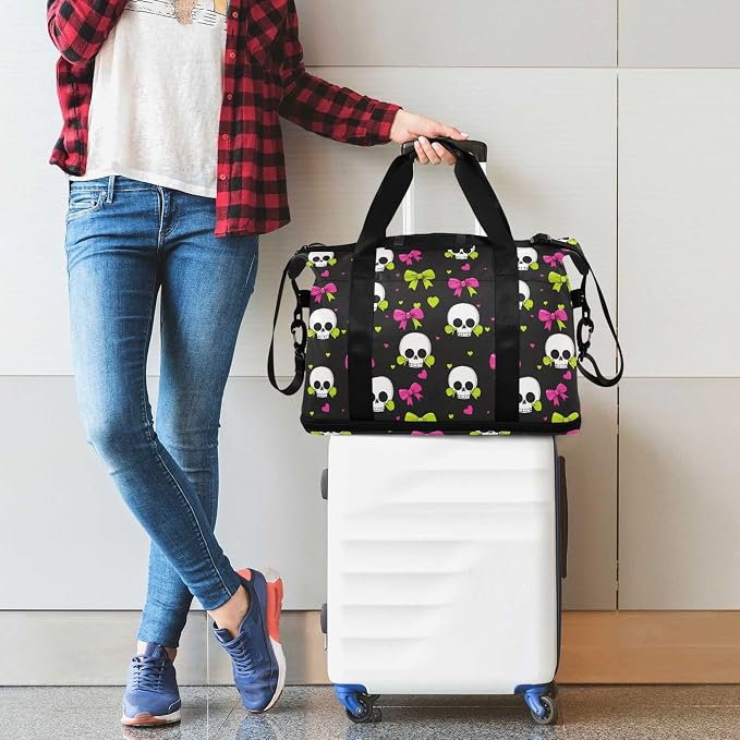 Travel Duffel Tote Bag Skull and Bow Sports Duffel Bag with Wet Pocket Weekender Overnight Bag for Women Men Gym Bag, Carry On Bag Hospital Bag for Labor and Delivery - Image 3