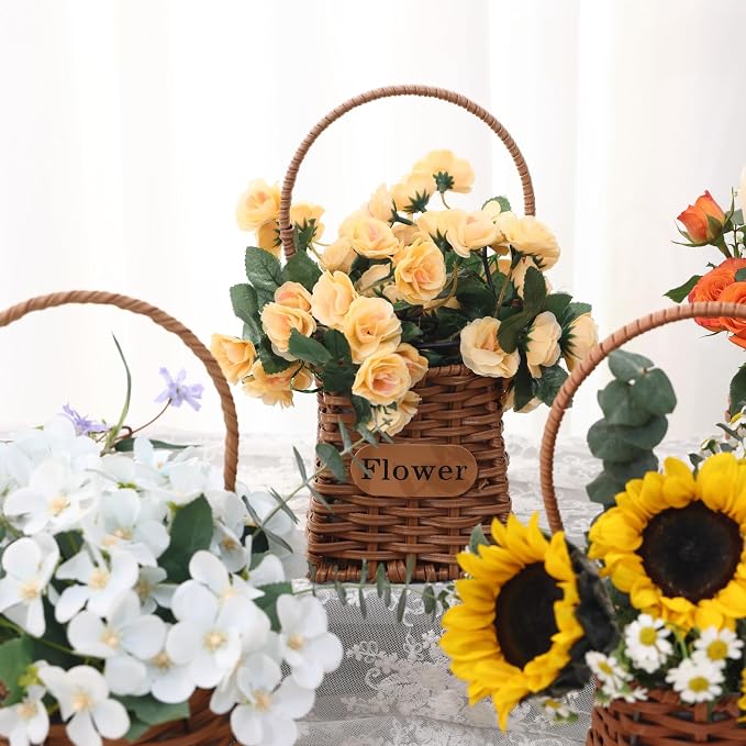 Set of 4 Flower Basket with Handle, QENUIITEA Imitation Rattan Woven Picnic Basket with Plastic Waterproof Lining, Flower Girl Baskets for Wedding Valentine's Day, Storage Basket for Home Decor - Image 8