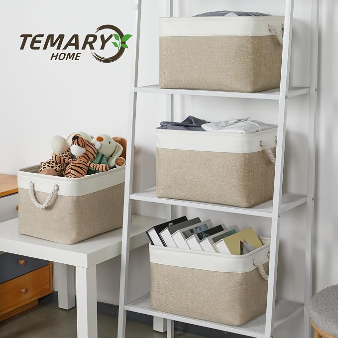 Temary Fabric Storage Baskets 4Pack Storage Bins Decorative Basket for Gift, Clothes Bin with Rope Handle, Rectangle Baskets for Storage, Blankets(White&Khaki,15x11x9.5 inch) - Image 5