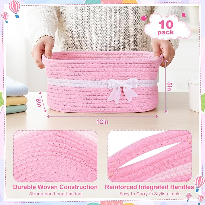 10 Pack Empty Gift Baskets, 12x8x5 Small Pink Woven Cotton Rope Baskets with Gift Bags & Ribbons, Decorative Baby Shower Hamper, Nursery Storage Basket with Handles for Shelves - Image 3