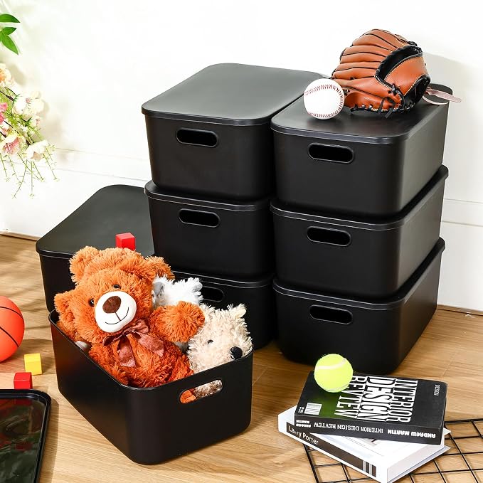 8 Pack Storage Bins, 13.8 X 9.8 X 5.9 Inch Black | Plastic Stackable Containers with Lid Handle, For Shelves Desktop Playroom Office, Organizing Toys Books Supplies Storage - Image 4