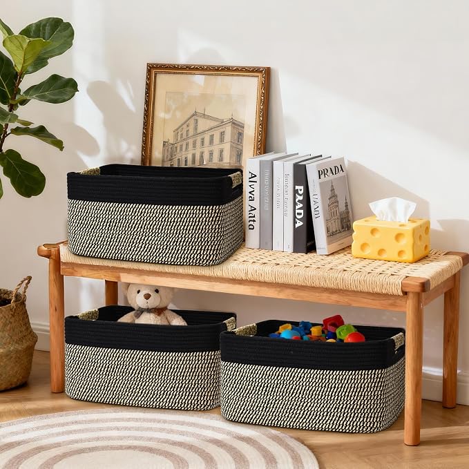 4 Pack Large Storage Basket for Organizing, 17.5"x13"x7" Woven Basket for Shelves, Closet Cube Storage Bins with Wrapped Handle, Cotton Rope Baskets for Kitchen, Clothes, Toys(Black & Brown) - Image 4