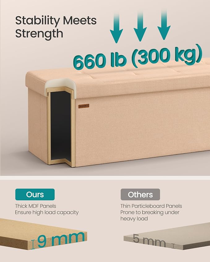 SONGMICS 43.3 Inches Folding Storage Ottoman Bench, Load 660 lb | Ottoman Foot Rest, Storage Chest, for Living Room, Entryway, Apricot and Ink Black, MINOTA Collection ULSF077O01 - Image 5