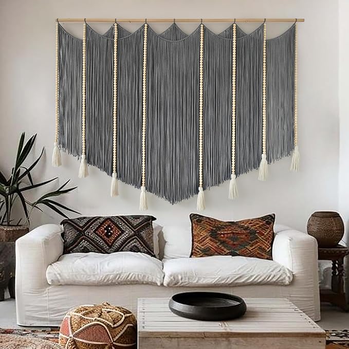 Jakalin Macrame Wall Hanging Grey Woven Yarn Large Boho Wall Art 57" x 43" | Handwoven Cotton, Fiber Wall Art, Grey Dip dye Design, Home Decor Boho, Macrame Yarn, Living Room, Bedroom Wall Decor by Jakalin