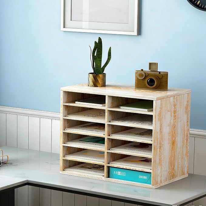 TQVAI Wood Literature Organizer, 12 Slots, Retro White | Holds 6000 Sheets A4 Papers, Adjustable Shelves, Mailbox Cubbies, For Office Home Classroom - Image 6