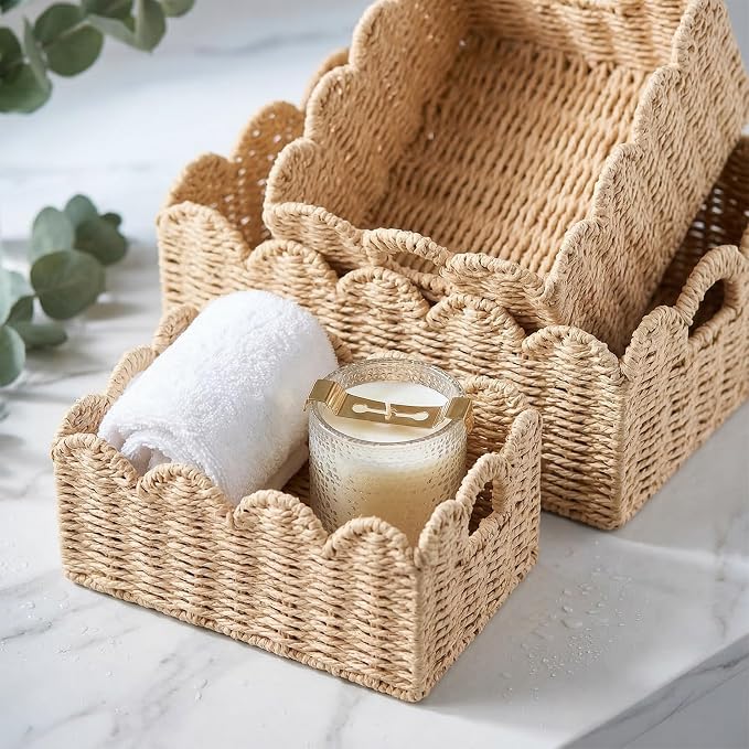 Scalloped Wicker Baskets Set of 3, Hand-Woven Storage with Handles | set of 3 beige scalloped baskets with handles. Hand-woven paper rope for shelves, bathroom or closet. Stackable, sturdy. - Image 9