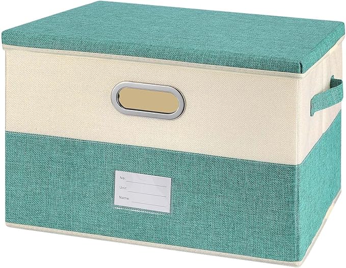 Large Linen Fabric Foldable Storage Bins with Removable Lid and Handles, Washable Storage Box Organizer Containers Baskets Cube with Cover for Bedroom,Closet,Office (Turquoise&Cream, Medium) by Unknown