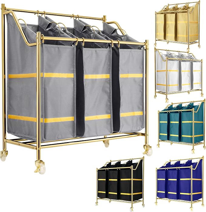 LUXURY STYLE 3- Sections Laundry Sorter, Roling Laundry Cart, Modern Golden Laundry Hamper, 3-Bags Hamper, Organizer with Wheels, Clothes Basket, XL Hamper for Clothes, Toys, and Towels (Cool Gray) by Unknown