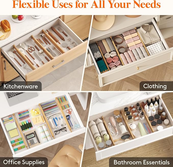Lifewit 2.4" Kitchen Drawer Dividers, Adjustable Bamboo Drawer Organizers | 6 Pack 17.5"-22" Expandable Drawer Separator for Clothes, Utensils, Dresser, Cabinet, Closet, Nursery Organization & Storage - Image 6