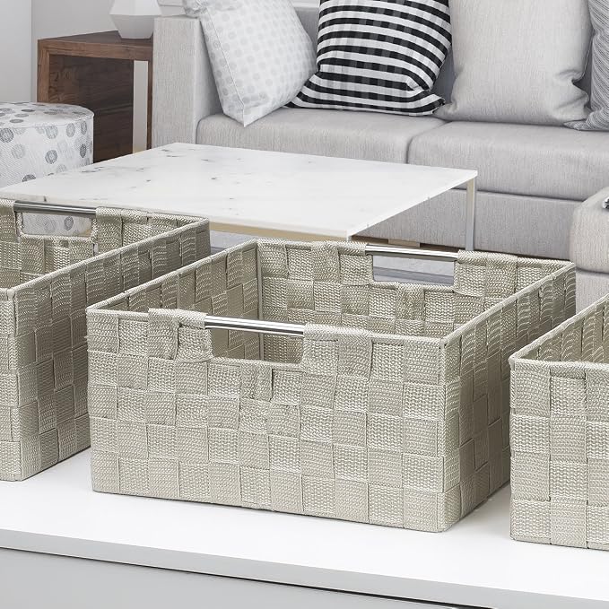 Sorbus Storage Box Woven Basket Bin Container Tote Cube Organizer Set Stackable Storage Basket Woven Strap Shelf Organizer Built-in Carry Handles (Beige) - Image 5