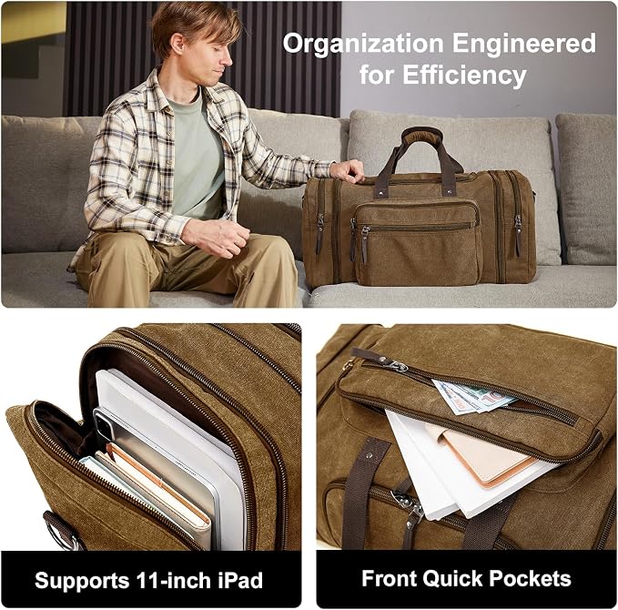 EKOROMIER Large Canvas Duffle Bag for Travel, Expandable 70L Weekender bags | Features Luggage Trolley Sleeve, Multi-Pockets for Traveling, Durable Overnight Carry-On Bag for Men & Women - Coffee - Image 5