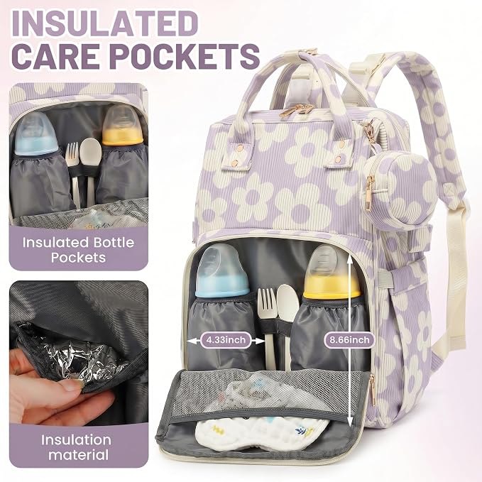 Baby Diaper Bag Backpacks for Mom Dad, Corduroy Large Capacity Multifunction Nappy Bag with Pacifier Case, Baby Travel Essentials Diaper Backpack for Boys Girls - Large Flowers Purple - Image 5
