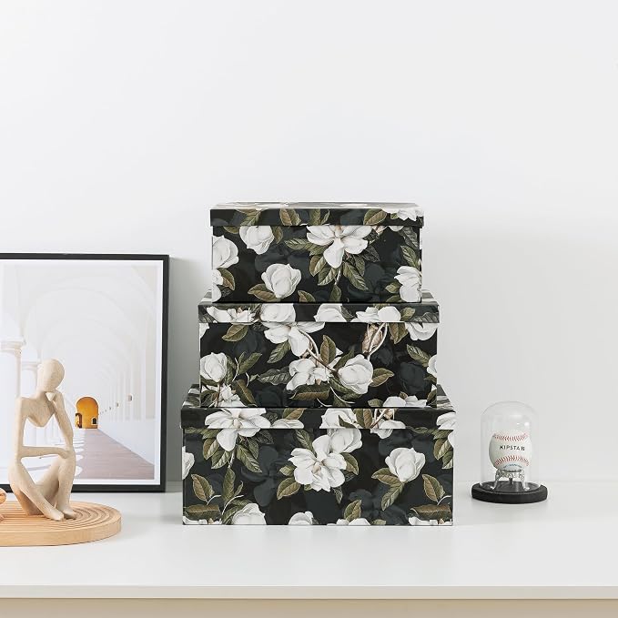 Soul & Lane - Midnight Gardenia Decorative Boxes with Lids, Set of 3, Black | Large Nesting Paperboard Storage Boxes for Keepsakes, Photos and Gifts, Dramatic Dark Green Floral Design Containers - Image 2