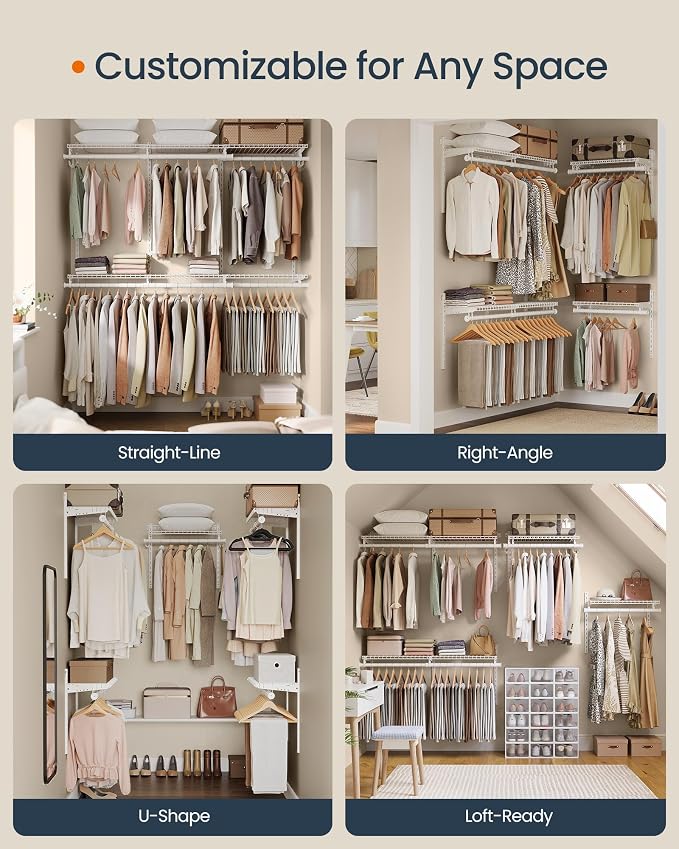 SONGMICS HOME Closet System, Closet Insert Organizer, 4-6 ft, Adjustable Metal Shelving Unit with 6 Hanging Rods, 6 Shelves, and Hooks, for Pantry Mudroom Garage Basement, Cloud White URGR032W01 - Image 4