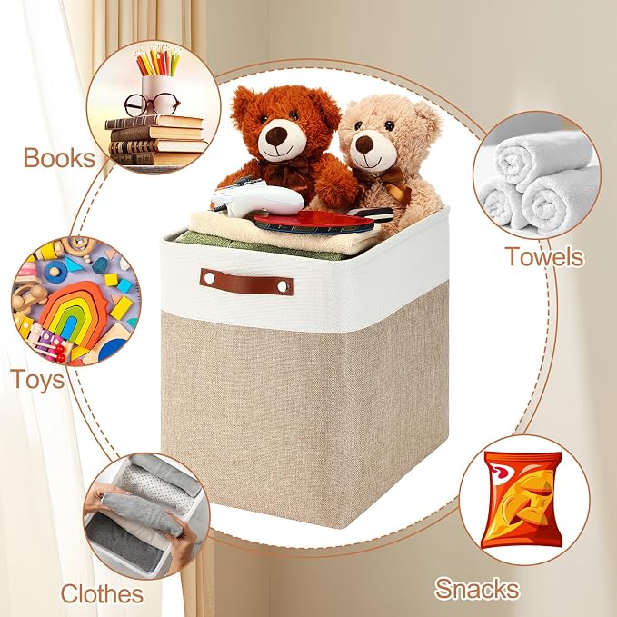 Uiifan 10 Pcs Collapsible Storage Bins Fabric Foldable Storage Basket with Handles Cloth Organizer Linen Shelf Baskets for Shelves Home Closet Nursery Toys(17 x 15 x 12 Inch,Beige and White) - Image 7