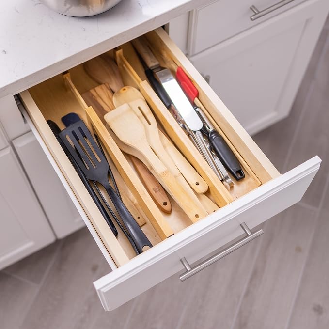 Fabsome Drawer Divider 6 Pack, Bamboo Kitchen Dividers Organizers Adjustable 17''-22'', Wooden Dresser Separators for Nursery Organization Clothes Socks Underwear Baby Clothing, with Soft Foam Ends - Image 2