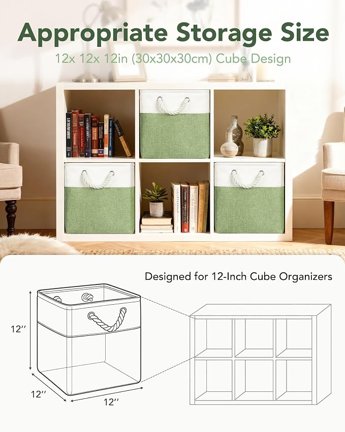12x12 Inch Fabric Cube Storage Bins with Cotton Rope Handle 6-Pack | Top Support of Metal Frame, Bottom with Cardboard Support, Foldable Storage Bins for Closet, Bedroom, White Green - Image 3