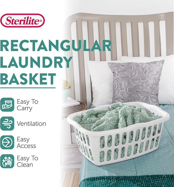 Sterilite 12-Pack Rectangular Laundry Basket, Plastic Clothes Hamper, 1.5 Bushel, White - Dirty Clothing Storage Organizer with Handles for Bedroom, Bathroom, and Closet | 1.5 Bushel, White - Dirty Clothing Storage Organizer with Handles for Bedroom, B... - Image 3